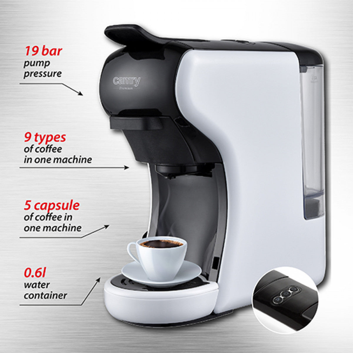 Camry espresso machine with several different capsules 